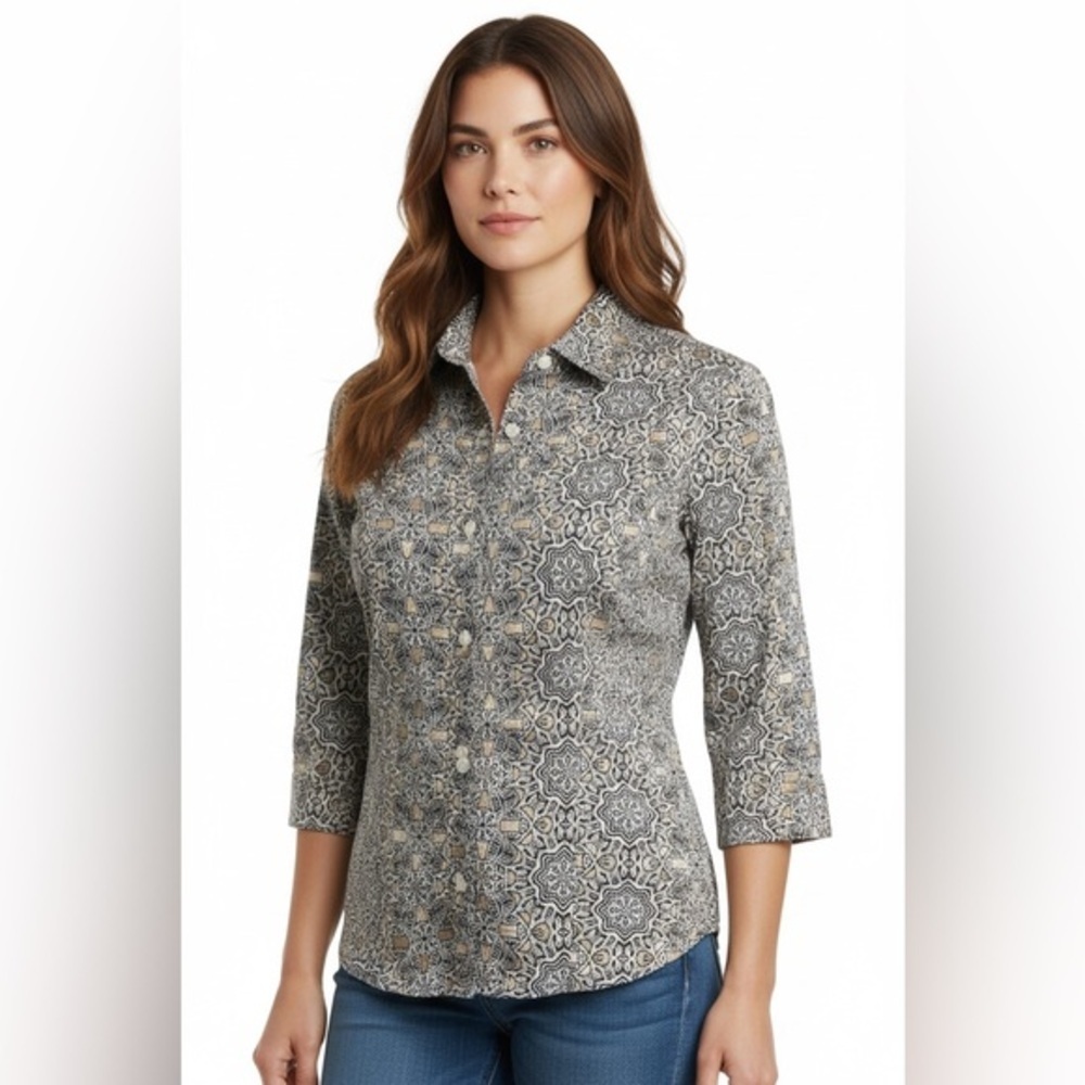 Dana Buchman Medium Patterned Button Front Top Cotton Stretch Blouse